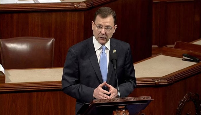 US Rep. Tom Kean (R-NJ), appears in a frame grab from House TV, as he delivers a speech on the floor of the House of Representatives following a months-long absence after he was hospitalized for depression, at the US Capitol in Washington, DC, US, June 30, 2026.—Reuters
