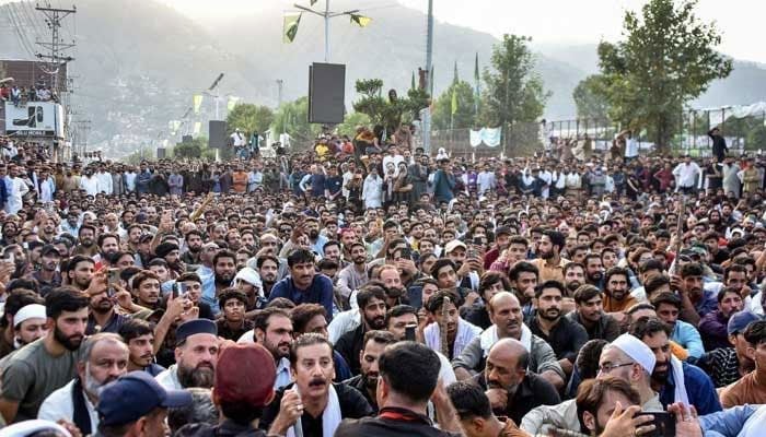 JAAC members gather as they take part in a demonstration in Muzaffarabad, the capital of AJK on September 29, 2025. — AFP