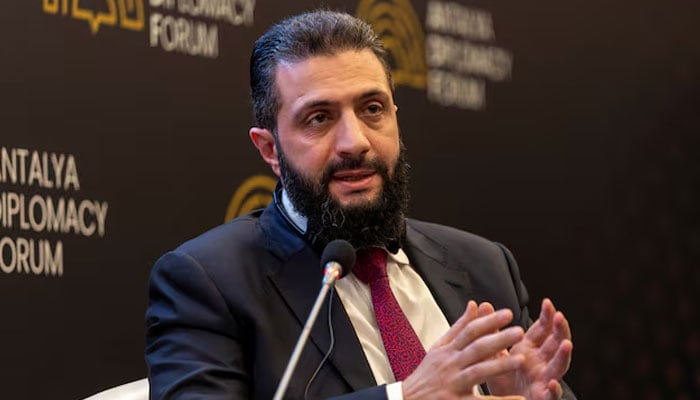 Syrian President Ahmed al-Sharaa speaks during a session at Antalya Diplomacy Forum in Antalya, Turkey, April 17, 2026.—Reuters