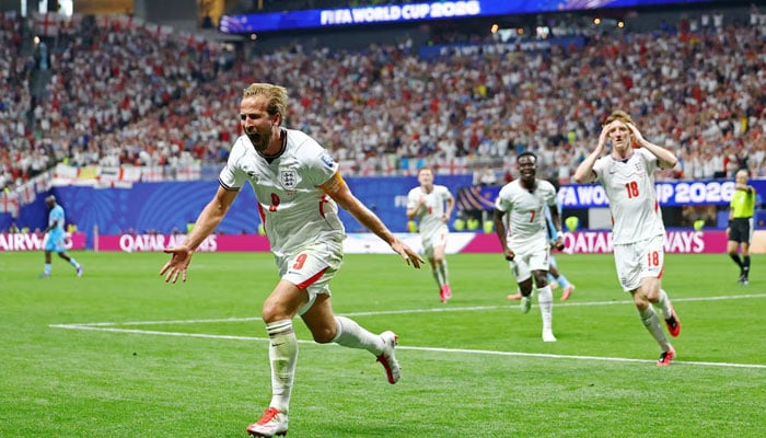 Englands Harry Kane celebrates scoring their second goal. —Reuters