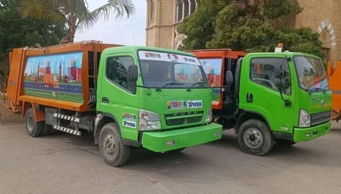 The representational image shows the Sindh Solid Waste Management Board (SSWMB) trucks. — Facebook@sswmbo/File