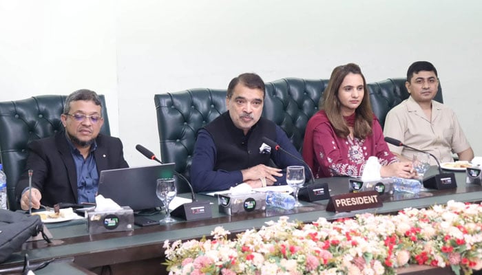 LCCI President Faheemur Rehman Saigol addresses the NAVTTC Road Show on the Industry Business-Led Training & Job Placement Program at the Lahore Chamber of Commerce and Industry on July 3, 2026. — Facebook@lcci.official