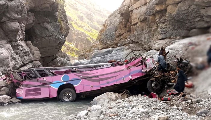 A view of destroy bus after plunged from a highway into a rocky ravine in Dhana Sar, near the border of Balochistan and Khyber Pakhtunkhwa provinces, in southwestern Pakistan on July 3, 2026. — INP