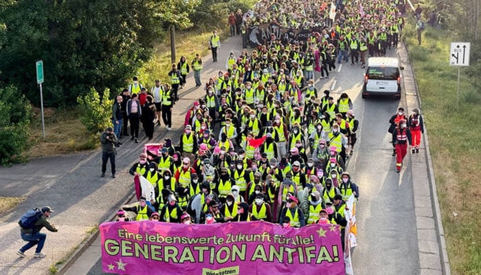 Activists protest against a two-day party convention of Germanys far-right Alternative for Germany (AfD) party, in Erfurt, Germany, July 4, 2026.—Reuters