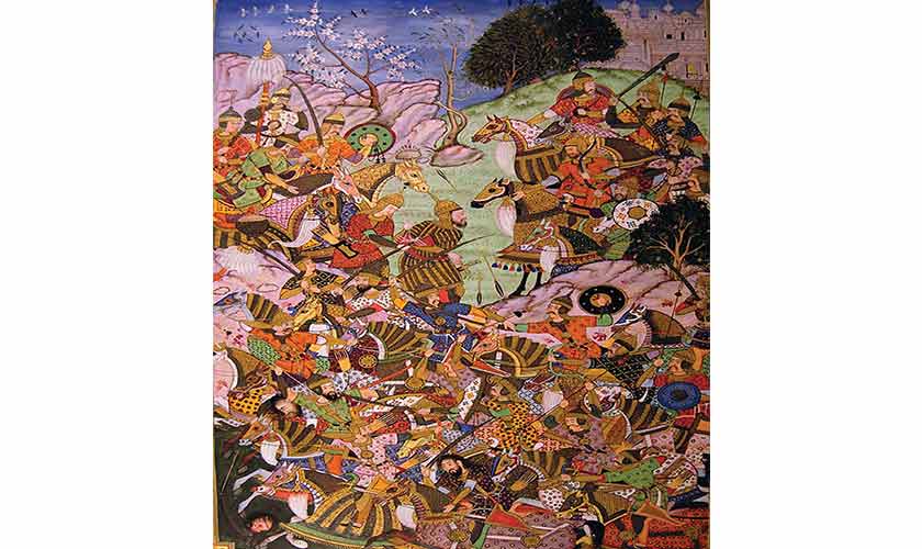 Battle scene, Mughal miniature, India, ca 17th century.