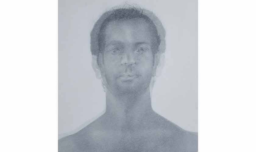 ‘Untitled (Self-Portrait)’, 2012. Compressed charcoal pencil on Japanese tissue and watercolour on paper Framed in two layers by Ali Kazim.