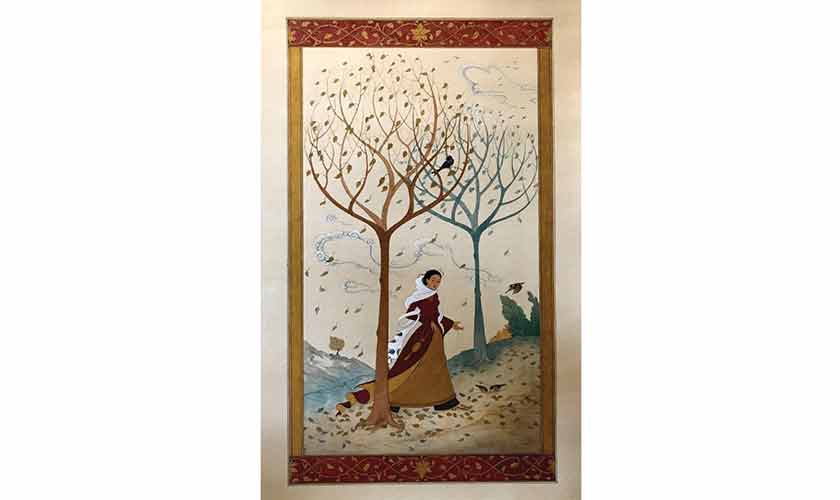 Autumn, Tea wash and watercolour on wasli by Michelle Farooqi.