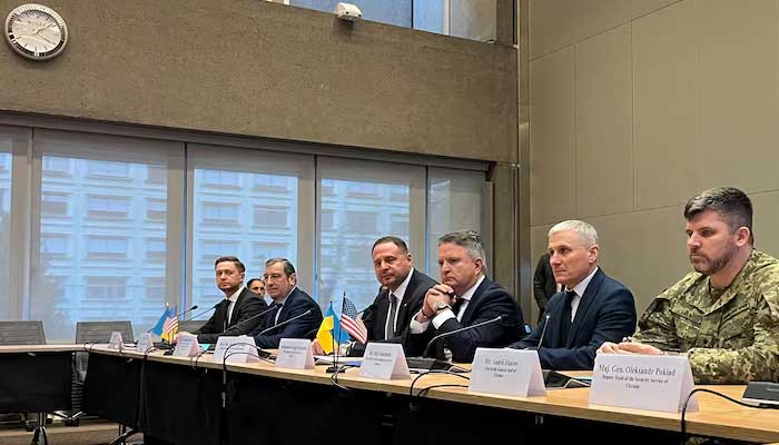 Head of the Office of the President of Ukraine Andriy Yermak sits with other members of the Ukrainian delegation before closed-door talks with a US delegation on ending Russias war in Ukraine, at the US Mission in Geneva, Switzerland, on November 23, 2025. — Reuters