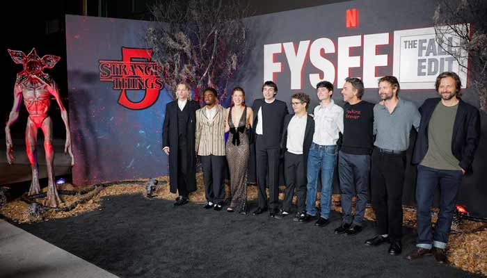 Cast members Jamie Campbell Bower, Caleb McLaughlin, Millie Bobby Brown, Noah Schnapp, Gaten Matarazzo, Finn Wolfhard, Creators Matt Duffer, Ross Duffer and Executive Producer Shawn Levy attend a photocall at the Netflix Tudum Theater in Hollywood for an event to help kick off the Stranger Things final season in Los Angeles, California, US November 8, 2025.— Reuters