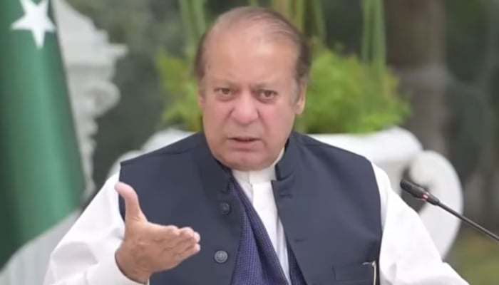 Former prime minister and PML-N President Nawaz Sharif speaks during a gathering of the newly-elected parliamentarians in Lahore, November 26, 2025. — Screengrab via YouTube/Geo News