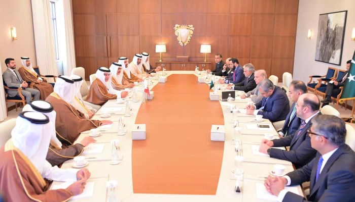 Prime Minister Shehbaz Sharif meets Bahrain Crown Prince Salman bin Hamad Al Khalifa at a delegation-level meeting on November 26, 2025 in Manama. — PMs Office