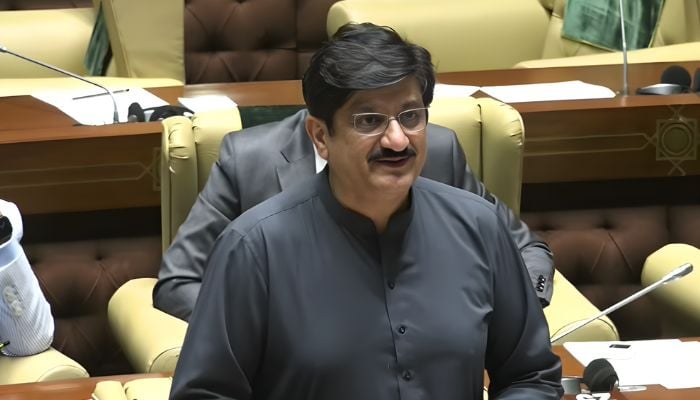 Sindh Chief Minister Murad Ali Shah speaks during a Sindh Assembly session, November 27, 2025. — Screengrab via YouTube/Geo News