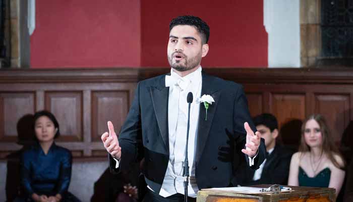 Pakistani student Israr Khan Kakar speaks during debate against Indian students at Oxford Union debate at Oxford University, London, November 28, 2025. — Reporter
