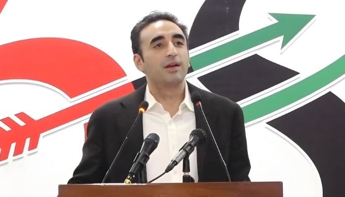 Pakistan Peoples Party Chairman Bilawal Bhutto-Zardari addresses a public rally in Larkan on November 30, 2025. — X@MediaCellPPP