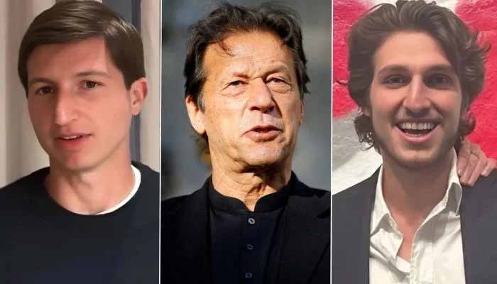 This collage shows PTI founder and former premier Imran Khan (centre) and his sons Kasim Khan (left) and Sulaiman Khan. — Instagram/@khanjemima/YouTube/@MarioNawfal/Reuters/File