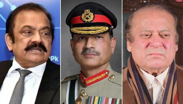 The collage of photos show (left) Adviser to the PM on Political Affairs Rana Sanaullah, Chief of Army Staff (COAS) Field Marshal Asim Munir, and PML-N President Nawaz Sharif. — PID/ISPR/Facebook@PML(N)