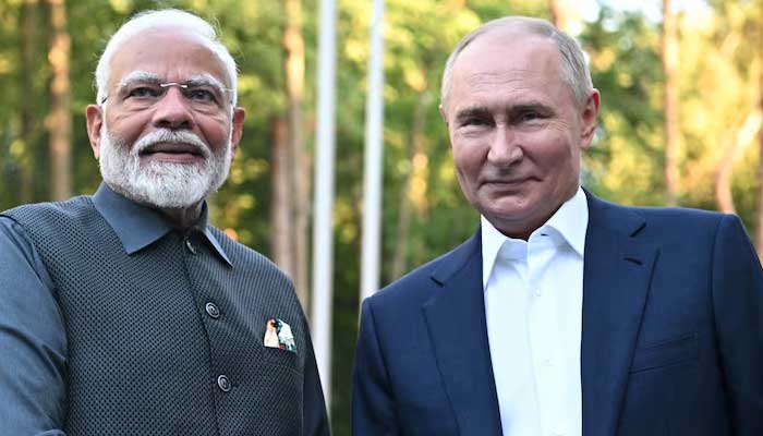 Russias President Vladimir Putin welcomes Indias Prime Minister Narendra Modi during their meeting at a residence near Moscow, Russia July 8, 2024. — Reuters