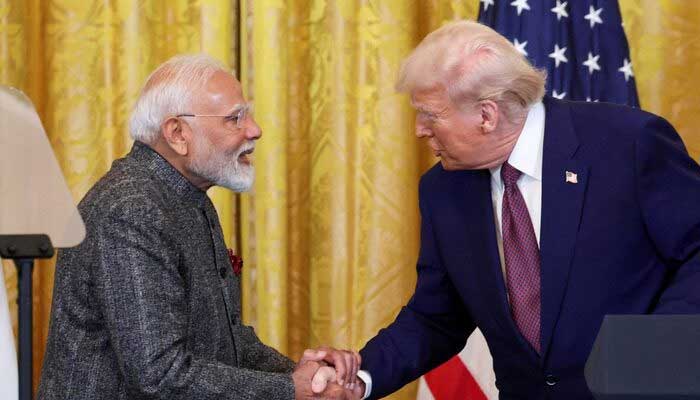 President Donald Trump and Indian Prime Minister Narendra Modi shake hands as they attend a joint press conference at the White House in Washington, DC, US on  February 13, 2025. — Reuters