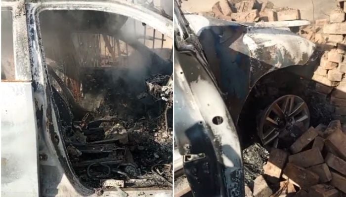 This collage shows damaged vehicle of North Waziristan Assistant Commissioner Shah Waliullah, who along with his convoy, came under attack in Bannu on December 2, 2025. — Reporter