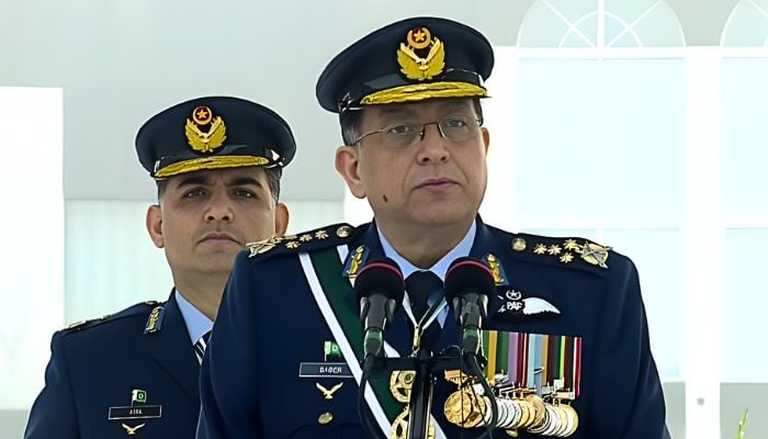Chief of the Air Staff Air Chief Marshal Zaheer Ahmed Baber Sidhu addressing a ceremony on December 2, 2025. — Screengrab via Geo News