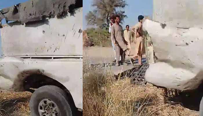 This collage shows a police vehicle that was targeted in the IED blast in DI Khan on Dec 3, 2025. — Screengrab via Geo News