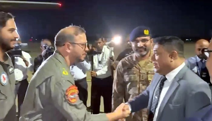 Sri Lankan officials welcome Pakistan’s rescue team upon arrival at Colombo airport on December 3, 2025. — Radio Pakistan