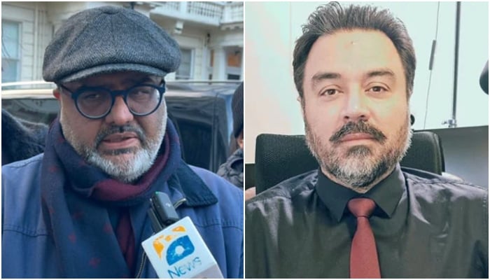 A collage showing former adviser to PM Shahzad Akbar (left) and Major (retired) Adil Raja. — Geo News/Murtaza Ali Shah