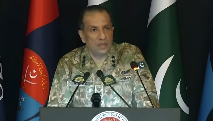 Inter-Services Public Relations (ISPR) Director General Lt Gen Ahmed Sharif Chaudhry addresses a press conference, Rawalpindi, December 5, 2025. — Screengrab via YouTube/Geo News