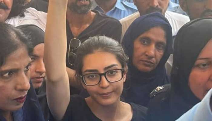 Lawyer Imaan Mazari gestures as she is presented before a court in Islamabad in this undated picture. — X/@JavedMengal_