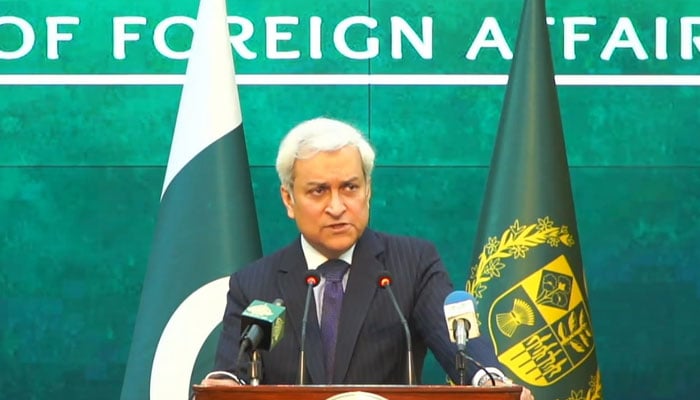 Foreign Office Spokesperson Tahir Hussain Andrabi speaks during weekly briefing on December 5, 2025. X@ForeignOfficePk