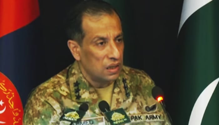 Inter-Services Public Relations (ISPR) Director General (DG) Lieutenant General Ahmed Sharif Chaudhry speaks during a press conference in Rawalpindi, December 5, 2025. — Screengrab via YouTube/Geo News