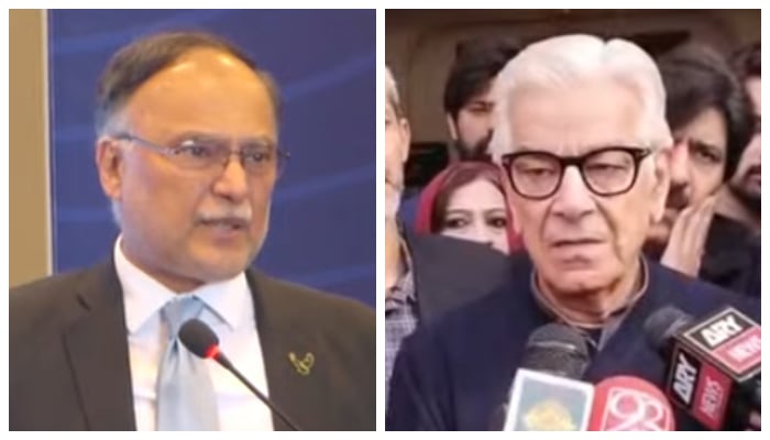 Planning Minister Ahsan Iqbal (left) and Defence Minister Khawaja Asif. — Screengrab via YouTube/Geo News