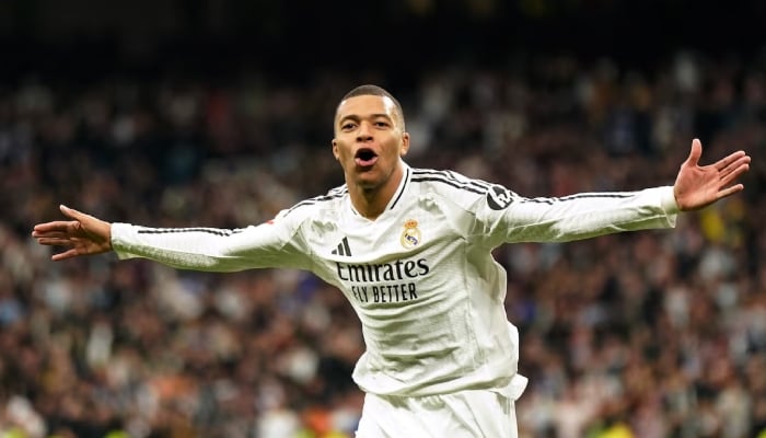 Real Madrids Kylian Mbappe celebrates scoring a goal against Las Palmas at Santiago Bernabeu, Madrid, Spain, January 19, 2025. — Reuters