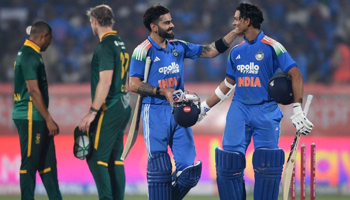 India’s Virat Kohli (second from right) and Yashasvi Jaiswal (right) celebrate after winning the third one-day international (ODI) cricket match between India and South Africa at the YS Rajasekhara Reddy Cricket Stadium in Visakhapatnam on December 6, 2025. — AFP