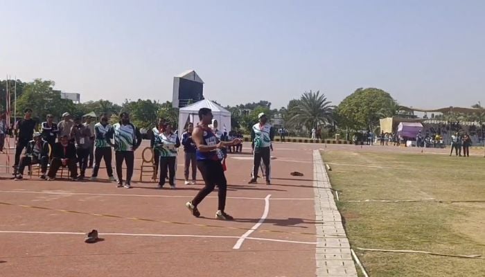 WAPDAs Arshad Nadeem celebrates his gold medal-winning throw at the 35th National Games in Karachi on December 8, 2025. — X/@faizanlakhani