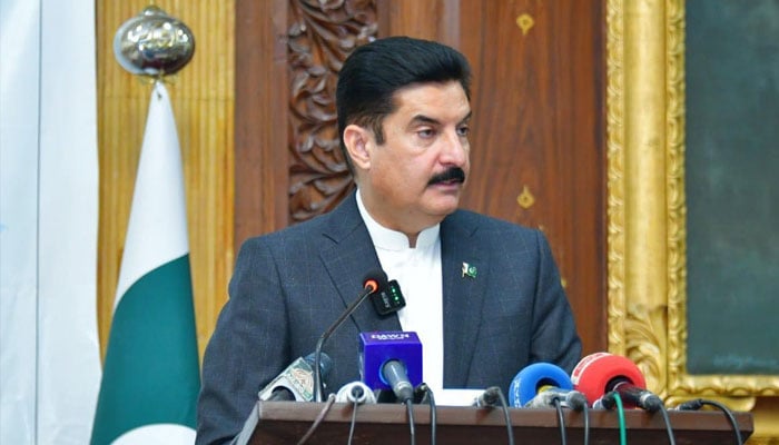 Khyber Pakhtunkhwa Governor Faisal Karim Kundi speaks to media in this undated image. — Facebook@FaisalKarimKundi