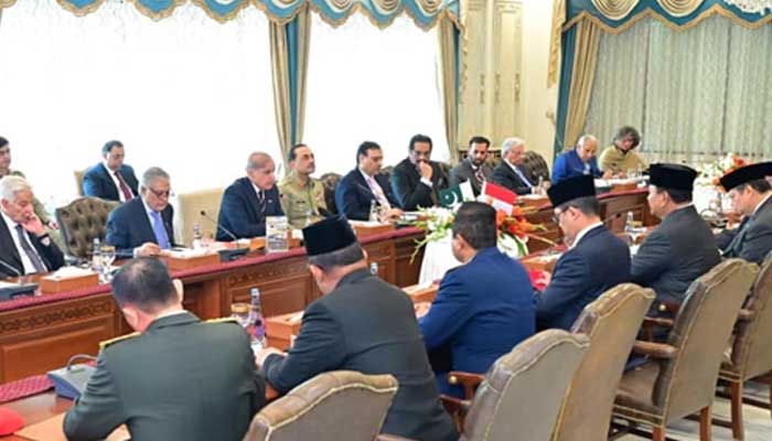 PM Shehbaz Sharif and Indonesian President Prabowo Subianto hold delegation-level talks on December 9, 2025. — PID