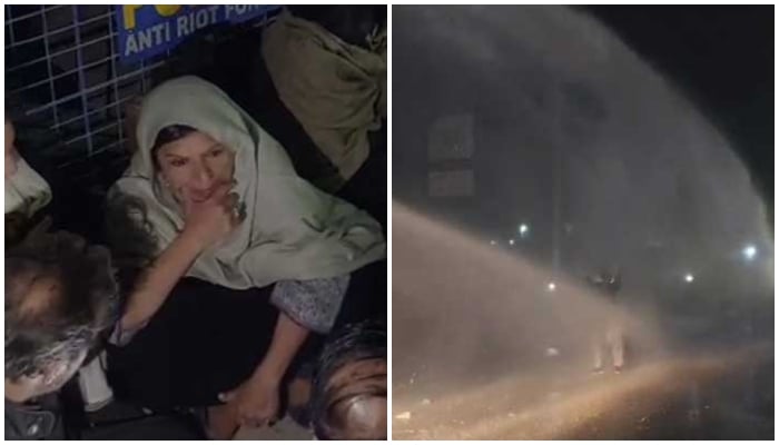 This collage shows PTI founder Imran Khans sister staging sit-in at Factory checkpoint near Rawalpindis Adiala jail while another picture shows police using water cannon to disperse PTI workers. — Screengrab via Geo News