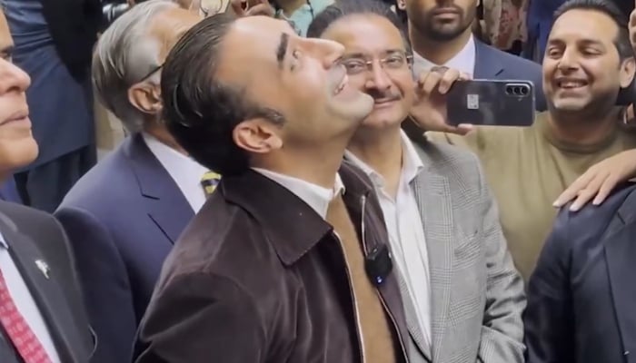 PPP Chairman Bliawal Bhutto Zardari gets interrupted while talking to the media in Lahore, December 10, 2025. — X/@MediaCellPPP