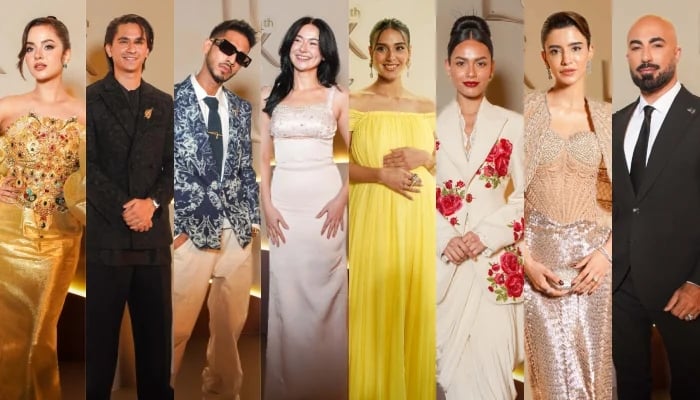 (From left) Komal Meer, Samar Jafri, Talha Anjum, Hania Amir, Iqra Aziz, Erica Robin, Hemayal, and HSY pose on the Red Carpet at the Lux Style Awards in Karachi on December 12, 2025. — LUX Awards