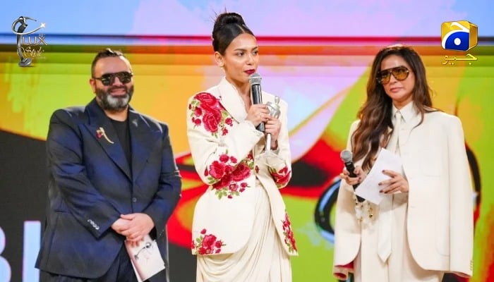 Model and Miss Universe Pakistan 2024 Erica Robin makes her winning speech at the Lux Style Awards in Karachi on December 12, 2025. — LUX Awards