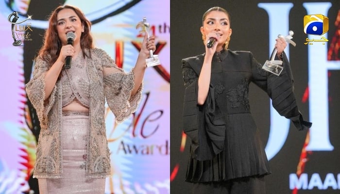 A collage of Yumna Zaidi receiving Best Actor (Female) Film award and singer Anural Khalid winning award for Song of the Year at the Lux Style Awards in Karachi on December 12, 2025. — LUX Awards