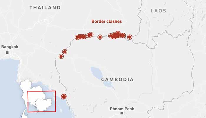 This map shows locations of military clashes along the disputed border between Thailand and Cambodia.— Reuters