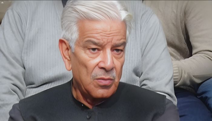 Defence Minister Khawaja Asif addressing presser in Sialkot on December 13, 2025. — Screengrab Geo News