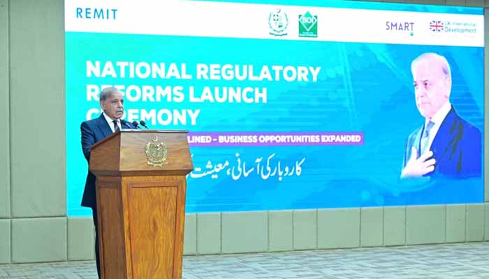Prime Minister Shehbaz Sharif addresses launching ceremony of 	National Regulatory Reforms in Islamabad, December 13, 2025. — PID