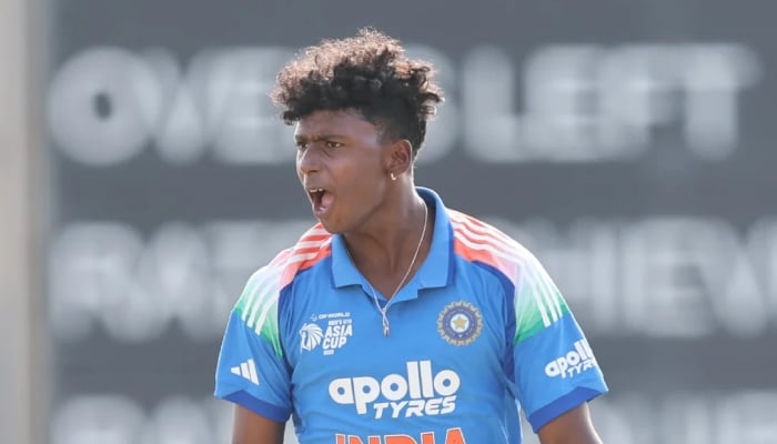 Indias Deepesh Devendran celebrates taking a wicket with during their ACC Mens U19 Asia Cup match against Pakistan at the ICC Academy in Dubai on December 14, 2025. — ACC