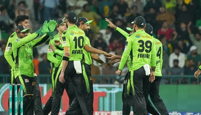 Lahore Qalandars players celebrate a wicket of Islamabad United in Eliminator 2 of Pakistan Super League Season 10, Gaddafi Stadium, Lahore, May 23, 2025. — PCB