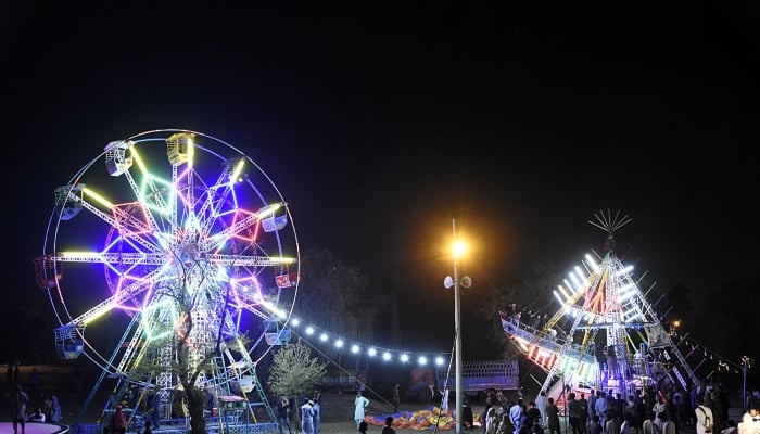 People enjoying dragon boat and Ferris wheel swings at Allama Iqbal Park, Rawalpindi. — Online/File