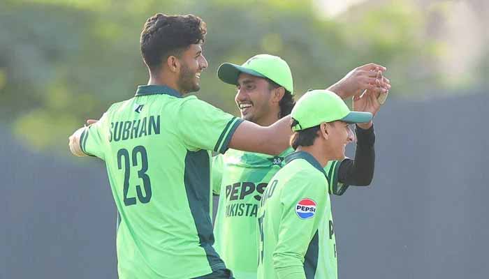 Pakistans Abdul Subhan (left) celebrates taking a wicket with teammates during their ACC Mens U19 Asia Cup match against UAE at the ICC Academy in Dubai on December 16, 2025. — X/@TheRealPCB