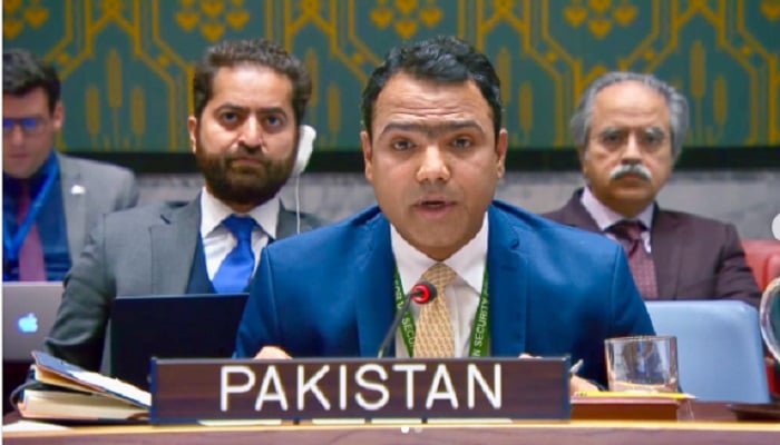 Gul Qaiser Sarwani, Counsellor and Political Coordinator at Pakistan Mission, speaks at a UNSC session. — X/PakistanUN_NY/File